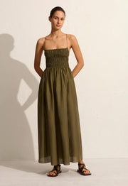 Shirred Lace Up Dress - Olive - Matteau